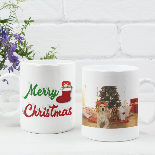 Frohe Weihnachts-Strumpf Rot-Grün-Foto-Skript Kaffeetasse (Von Creator hochgeladen)