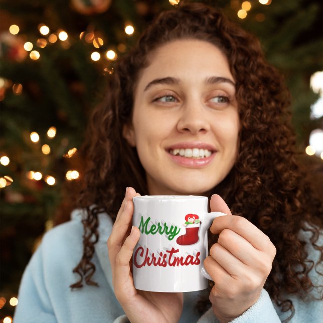 Frohe Weihnachts-Strumpf rot grün Halbschrift Kaffeetasse (Von Creator hochgeladen)