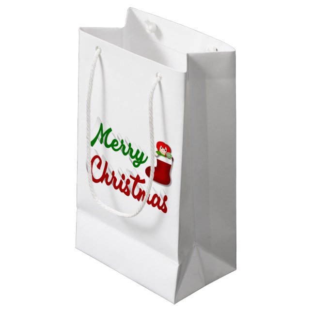 Frohe Weihnachts-Strumpf Rot-Grün-Skript Kleine Geschenktüte (Vorderseite Schrägansicht)