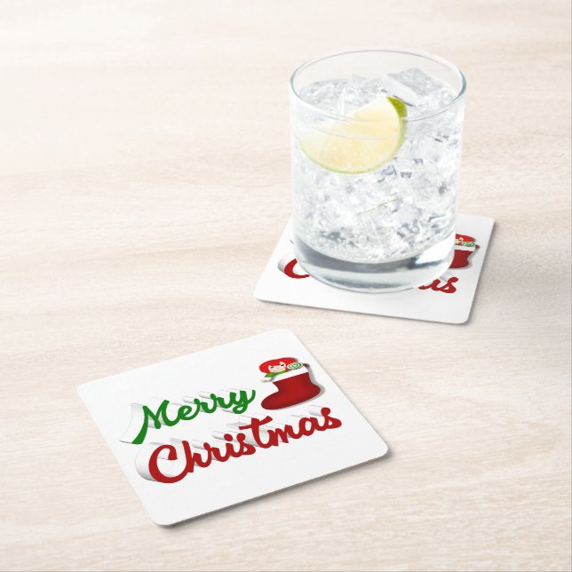 Frohe Weihnachts-Strumpf Rot-Grün-Skript Rechteckiger Pappuntersetzer (Vor Ort)