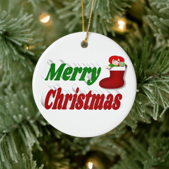 Frohe Weihnachts-Strumpf rot-grüne Typografie Keramik Ornament (Baum)