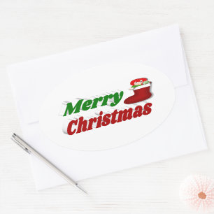 Frohe Weihnachts-Strumpf rot-grüne Typografie Ovaler Aufkleber