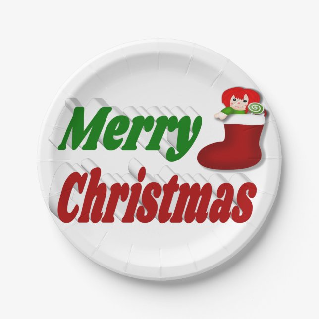 Frohe Weihnachts-Strumpf rot-grüne Typografie Pappteller (Vorderseite)