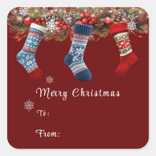 Frohe Weihnachts-Strümpfe Pine Cone Garland Quadratischer Aufkleber