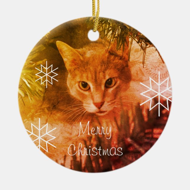 Frohe Weihnachts Tabby Cat Schneeflocken Keramik Ornament (Vorne)