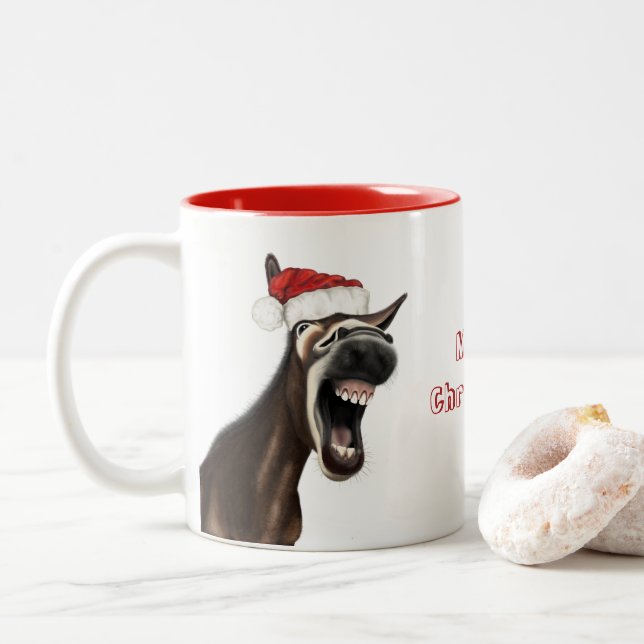 Frohe Weihnachts-Tasse - Singing Donkey Zweifarbige Tasse (Mit Donut)