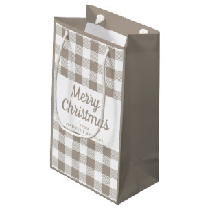 Frohe Weihnachts Taupe Beige Weiß Kariert Kleine Geschenktüte
