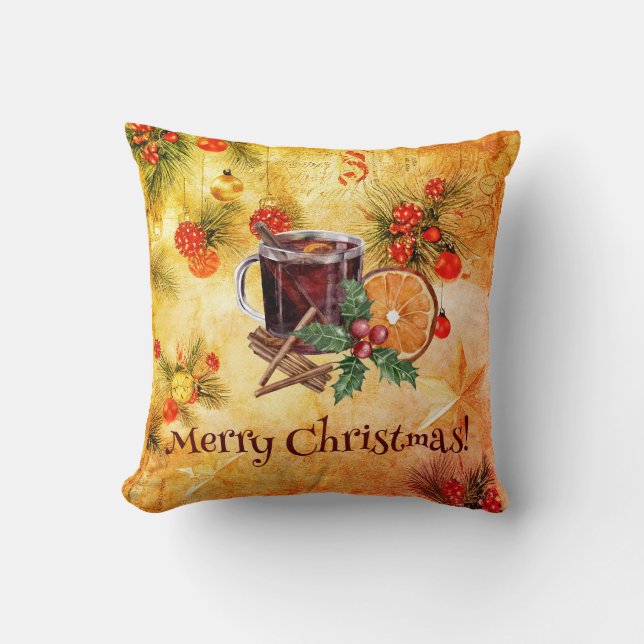 Frohe Weihnachts Tea Cup Orange Berry Cinnamon Kissen (Vorderseite)
