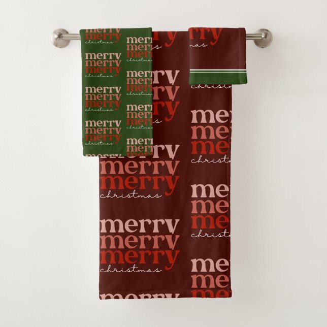 Frohe Weihnachts Text Gruß Red & Green Muster Badhandtuch Set (Insitu)