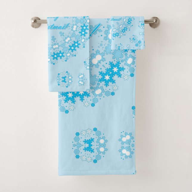 Frohe Weihnachts-Text rund Rahmen Snowflake blau m Badhandtuch Set (Insitu)