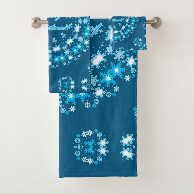 Frohe Weihnachts-Text rund Rahmen Snowflake blau m Badhandtuch Set (Insitu)