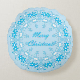 Frohe Weihnachts-Text rund Rahmen Snowflake blau m Rundes Kissen