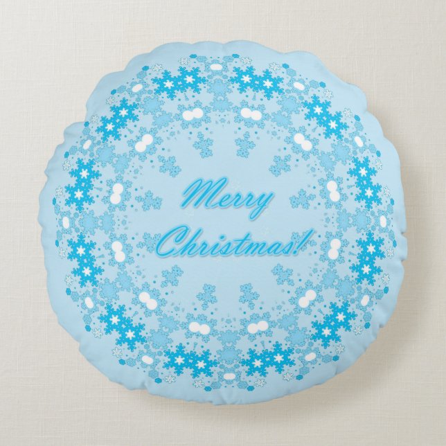 Frohe Weihnachts-Text rund Rahmen Snowflake blau m Rundes Kissen (Vorderseite)