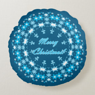 Frohe Weihnachts-Text rund Rahmen Snowflake blau m Rundes Kissen