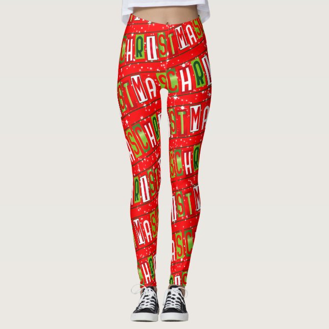 Frohe Weihnachts Text Starry Red Green White Leggings (Vorderseite)