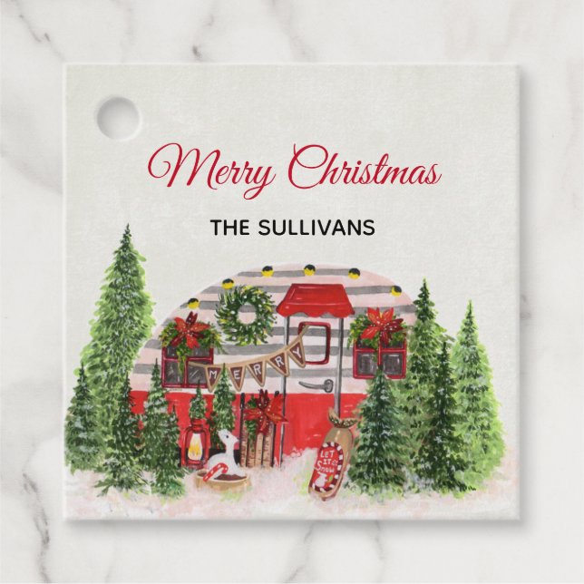 Frohe Weihnachts-Trailer-Camper Rustikale Szene Geschenkanhänger (Vorderseite)