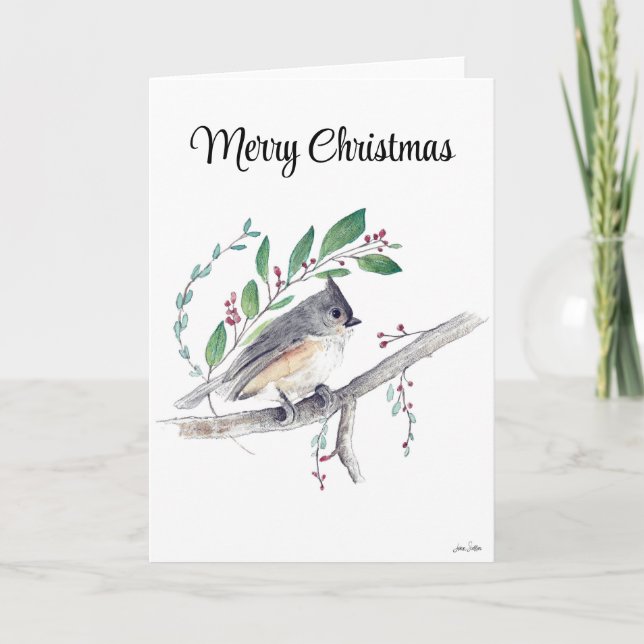 Frohe Weihnachts-Tufted Titmouse Bird-Urlaubskarte Karte (Vorderseite)