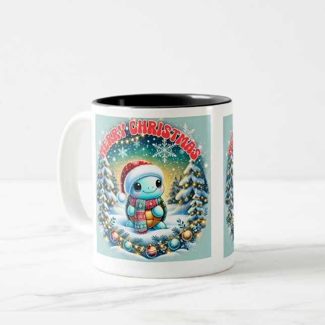Frohe Weihnachts-Turtle Gruß-Tasse Zweifarbige Tasse (Vorderseite Links)