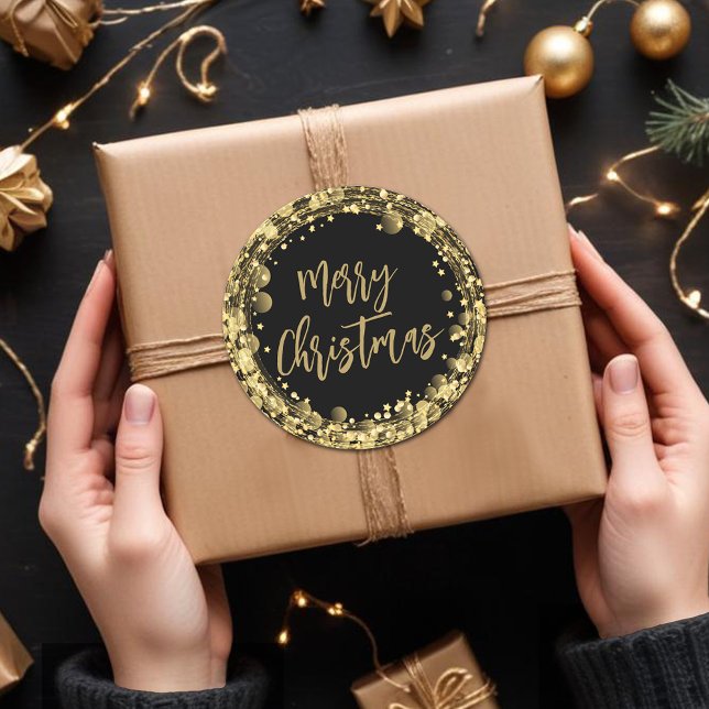 Frohe Weihnachts-Twinkling Gold Stars Runder Aufkleber (Merry Christmas twinkling gold stars round stickers)
