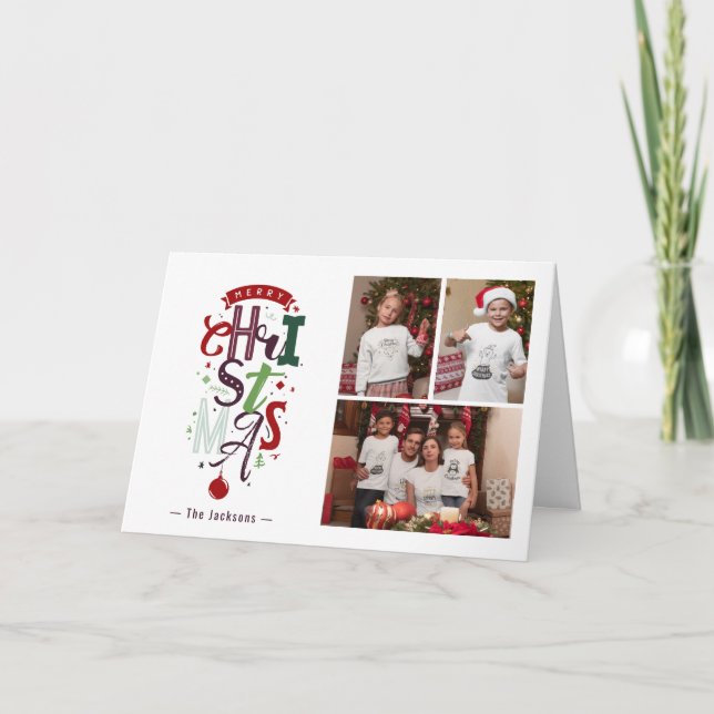 Frohe Weihnachts Typografie 3 Foto Collage Urlaub Karte (Vorderseite)
