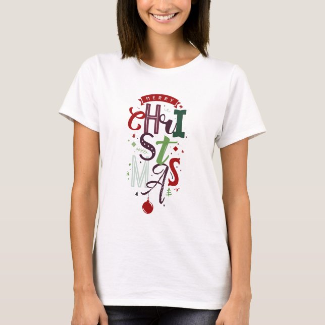 Frohe Weihnachts Typografie Briefe farbig T-Shirt (Vorderseite)