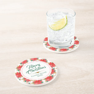Frohe Weihnachts Typografie & Poinsettia Muster Getränkeuntersetzer