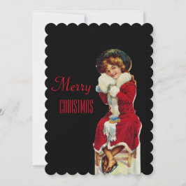 Frohe Weihnachts-Vintage Girl gekleidet in einem r Feiertagskarte