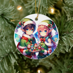 Frohe Weihnachts Wasserfarbe Anime Elves personali Keramik Ornament