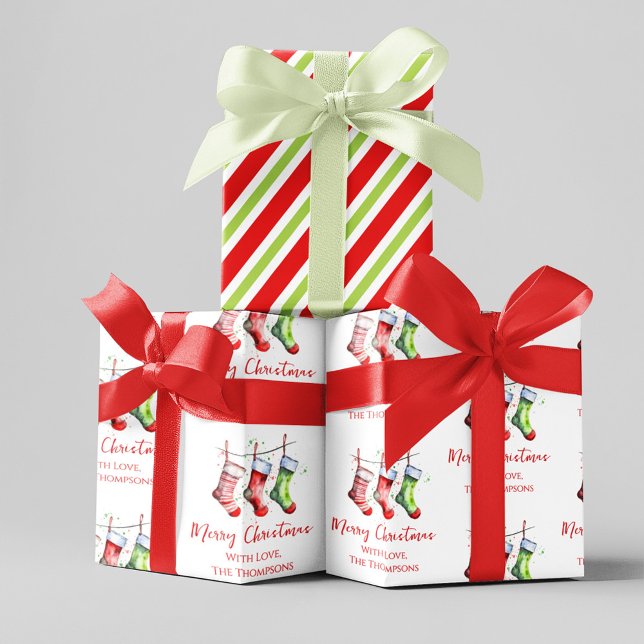 Frohe Weihnachts Wasserfarbe Strümpfe Custom Geschenkpapier Set (Whimsical Merry Christmas holiday custom wrapping paper. )