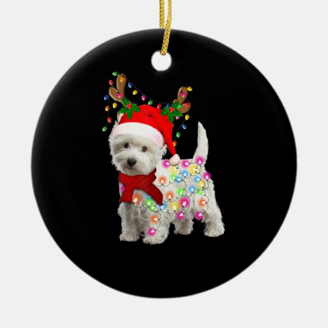 Frohe Weihnachts-Weihnachten-Westie-Hunde-Rentier- Keramik Ornament (Vorne)