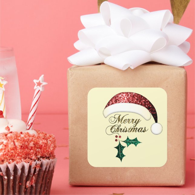 Frohe Weihnachts-Weihnachtsmannmütze Red Gold Gree Quadratischer Aufkleber (Party)