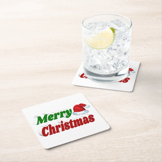 Frohe Weihnachts-Weihnachtsmannmütze rot-grüne Typ Rechteckiger Pappuntersetzer (Vor Ort)