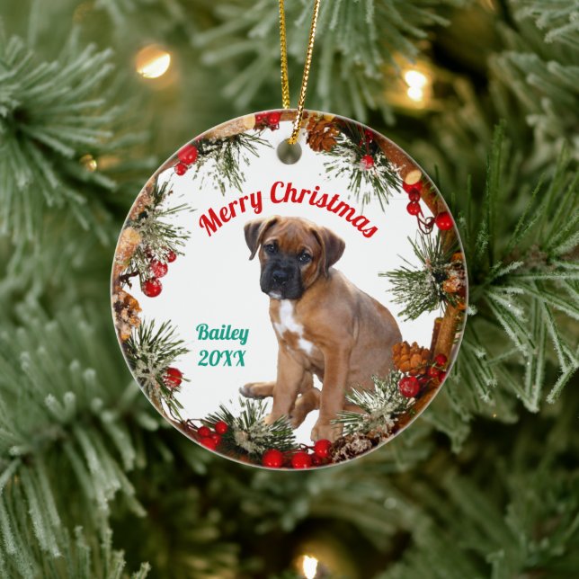 Frohe Weihnachts Welpenhund Personalisiert Keramik Ornament (Baum)