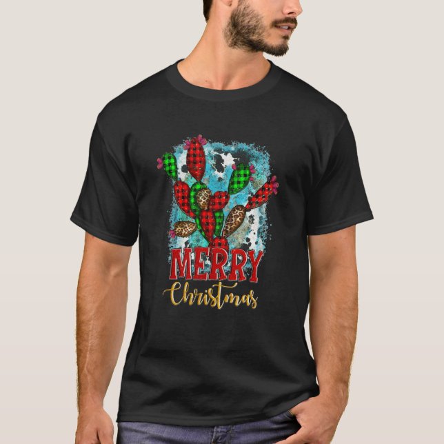 Frohe Weihnachts-Western Buffalo Kariert Cactus Sw T-Shirt (Vorderseite)