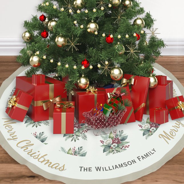 Frohe Weihnachts Winter Grüne Botanische Custom Polyester Weihnachtsbaumdecke (An elegant personalized Christmas tree skirt, patterned with flowers, greenery and berries)