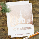 Frohe Weihnachts-Winter-Kirche Personalisiert Folien Feiertagskarte<br><div class="desc">Fügen Sie Ihren Weihnachtskarten in diesem Jahr eine weitere Schicht festlichen Glanzes hinzu, mit diesem eleganten Foliendesign. Das bezaubernde saisonale Bild ist von einer Hauptstadt mit Bäumen im Winterschnee mit frohen Weihnachten Gruß in Briefen. Die Weihnachtskarte ist mit Folie in Ihrer Wahl aus Gold, Silber oder Rose verziert. Die Stilkarte...</div>