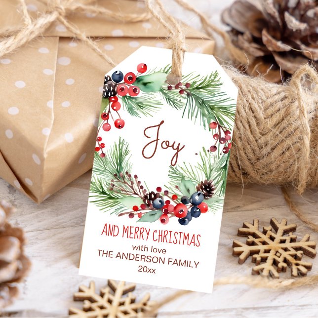 Frohe Weihnachts-Winterbeeren-Kranz Geschenkanhänger (Christmas wreath watercolor winter berries and pines boho gift tags)