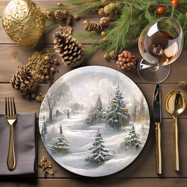 Frohe Weihnachts-Winterwaldlandschaft Pappteller (Beautiful Winter scene Christmas Paper Plates)