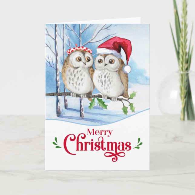 Frohe Weihnachts-Woodland-Owl-Paar Feiertagskarte (Vorderseite)