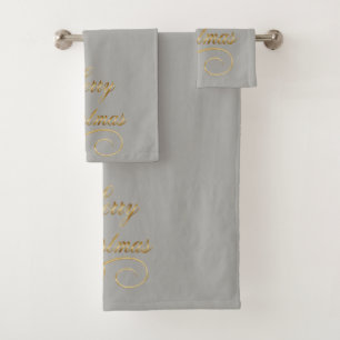 Frohe Weihnachts Word Art in Gold auf Grau Badhandtuch Set