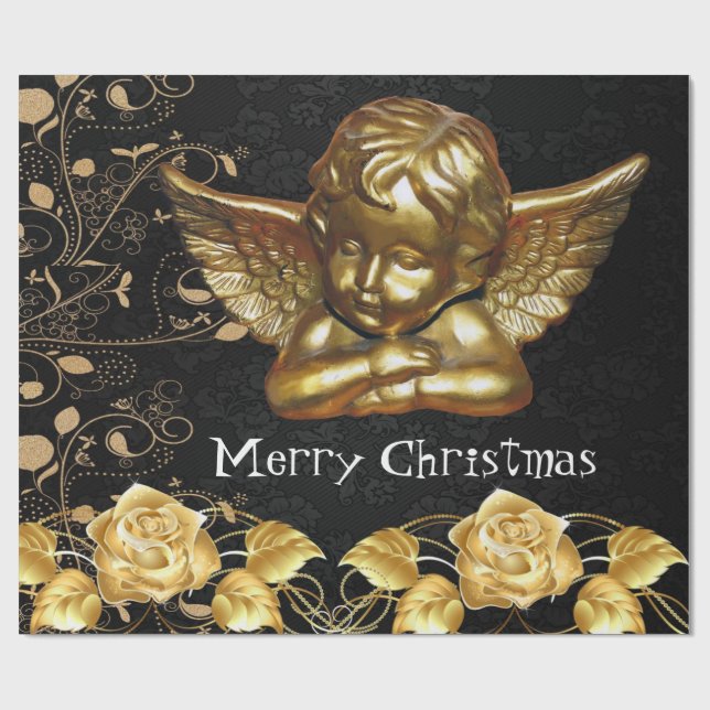 Frohe Weihnachts Wrapping Paper Gold Angel Geschenkpapier (Flach)