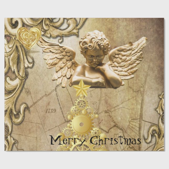 Frohe Weihnachts Wrapping Paper Gold Angel Geschenkpapier (Flach)