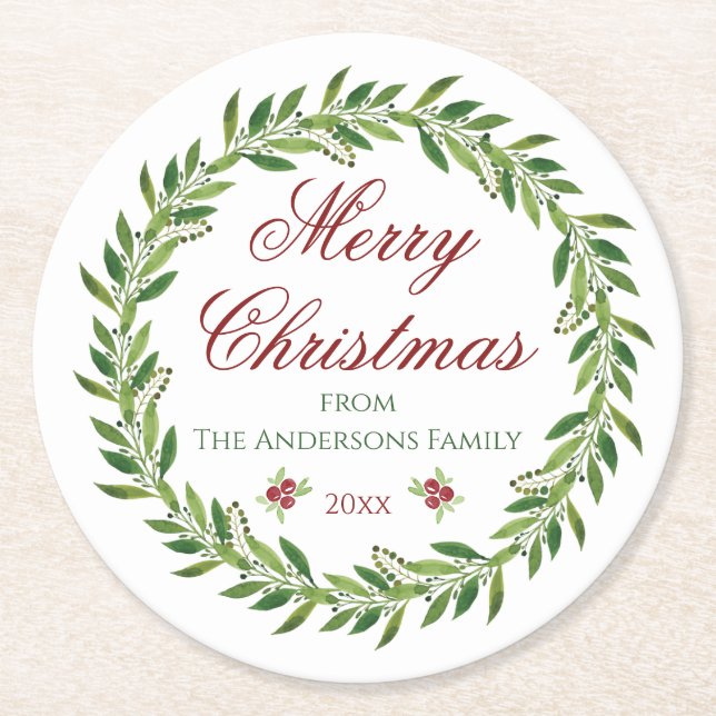 Frohe Weihnachts-Wreath-Familie Runder Pappuntersetzer (Vorderseite)