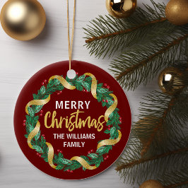 Frohe Weihnachts Wreath Gold Familie Custom Red Keramik Ornament