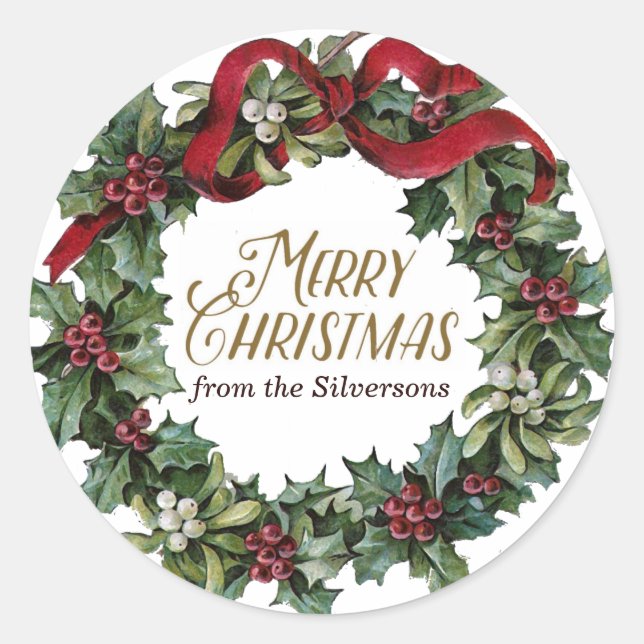 Frohe Weihnachts-Wreath Holly Mistletoe maßgeschne Runder Aufkleber (Vorderseite)