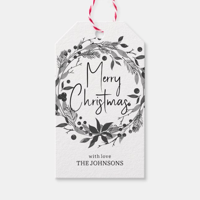 Frohe Weihnachts Wreath Holly Script Schwarz-weiß Geschenkanhänger (Vorderseite)
