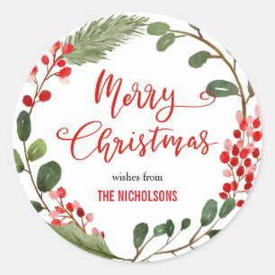 Frohe Weihnachts Wreath Red Script Kranz Runder Aufkleber