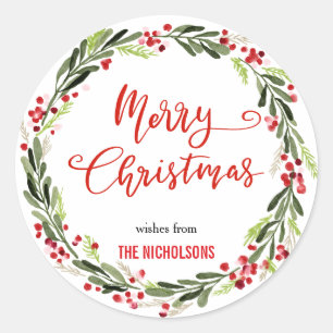 Frohe Weihnachts Wreath Red Script Kranz Runder Aufkleber