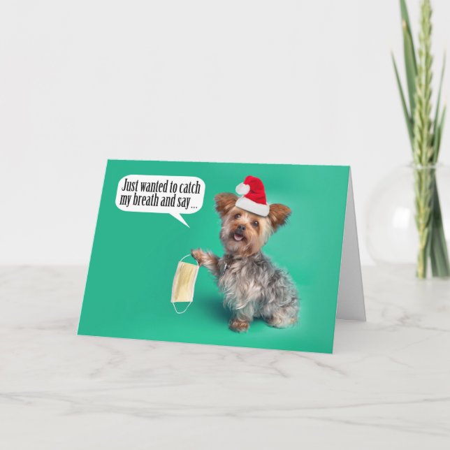 Frohe Weihnachts Yorkie Dog Holding Geace Maske Karte (Vorderseite)