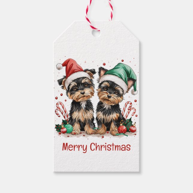 Frohe Weihnachts Yorkshire Terrier Dogs Geschenkanhänger (Vorderseite)
